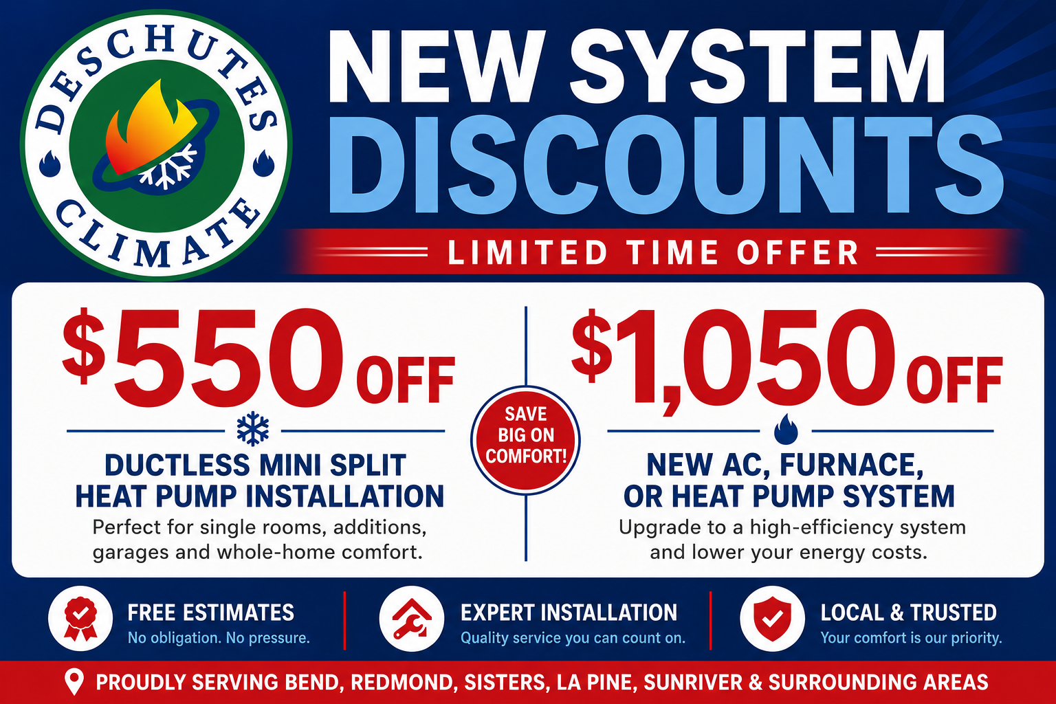 New Full Heating and Cooling System Discount Coupons from Deschutes Climate HVAC Contractors in Bend, Oregon